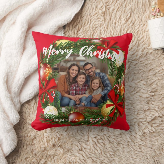 Merry Christmas Wreath Photo Personalized Family N Throw Pillow (Blanket)