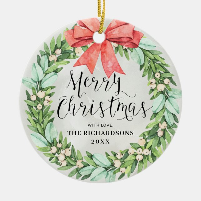 Merry Christmas Wreath Red Bow Family Name Elegant Ceramic Ornament (Front)