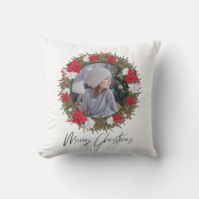 Merry Christmas Wreath Red Paid with Photo Throw Pillow (Front)