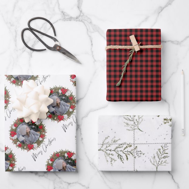 Merry Christmas Wreath Red Paid with Photo Wrapping Paper Sheet (Front)