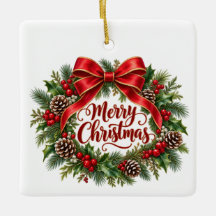 Merry Christmas Wreath Square Ceramic Ornament