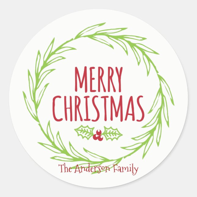 Merry Christmas Wreath Sticker Gift Tag (Front)