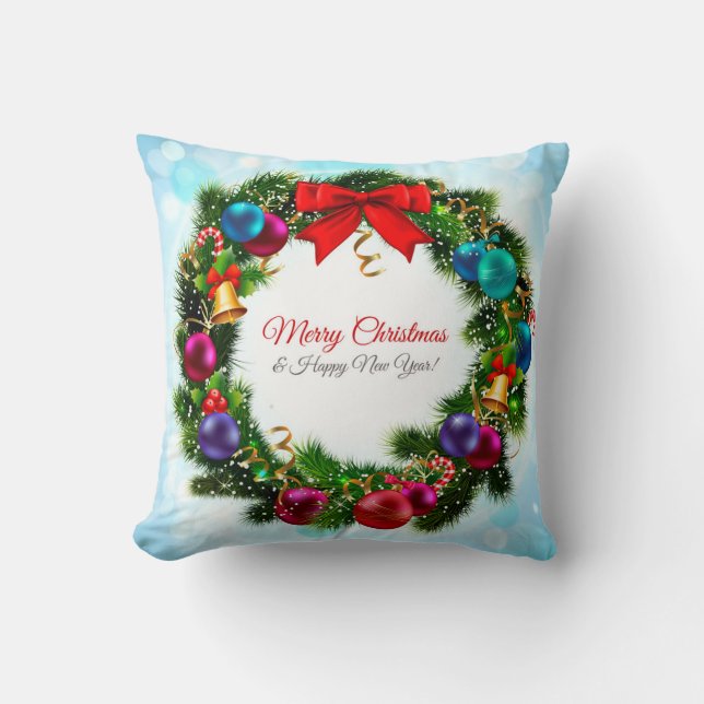 Merry Christmas Wreath Throw Pillow (Front)