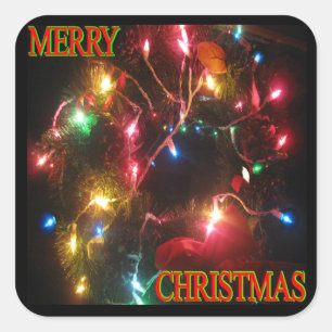 "Merry Christmas" Wreath w/ Lights Square Sticker