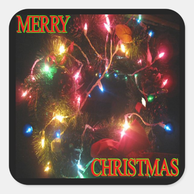 "Merry Christmas" Wreath w/ Lights Square Sticker (Front)