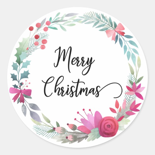 Merry Christmas Wreath Watercolor Calligraphy Classic Round Sticker (Front)