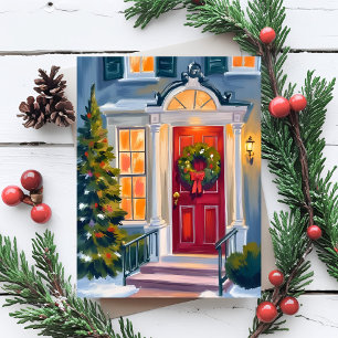 Merry Christmas Wreath Watercolor Red Holiday Card