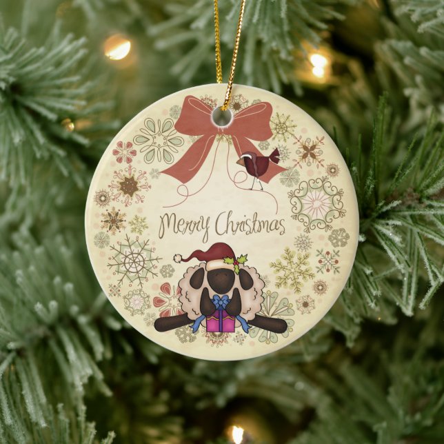 Merry Christmas Wreath with Cute Sheep and Bird Ceramic Ornament (Tree)