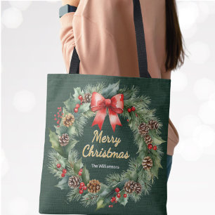 Merry Christmas Wreath with Red Bow Personalized Tote Bag