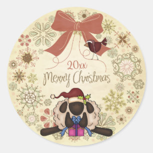 Merry Christmas Wreath with Santa Sheep and Bird Classic Round Sticker