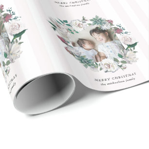 Merry Christmas Wreath with Stripes and Photo Wrapping Paper