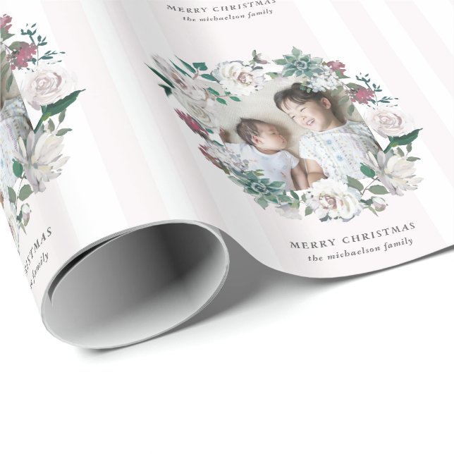 Merry Christmas Wreath with Stripes and Photo Wrapping Paper (Roll Corner)