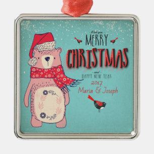 Merry Christmas- X-mas Bear and editable Text on Metal Ornament
