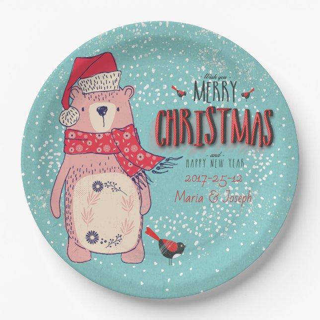 Merry Christmas- X-mas Bear and editable Text on Paper Plate (Front)