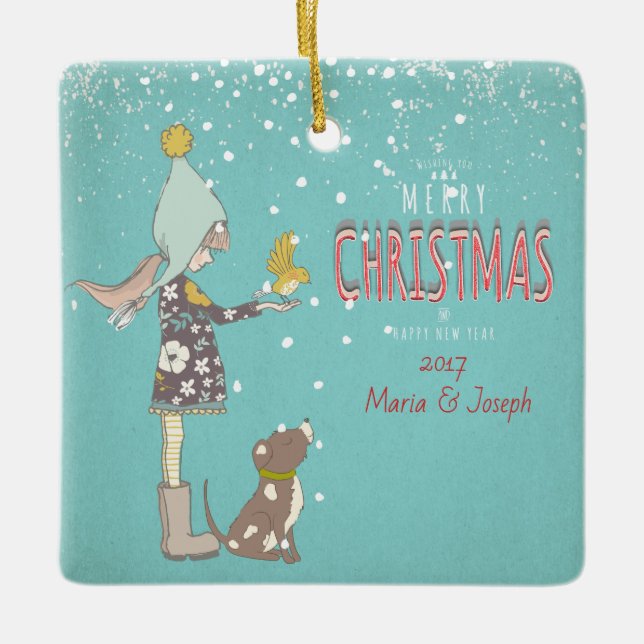 Merry Christmas- X-mas Girl Dog editable Text on C Ceramic Ornament (Front)