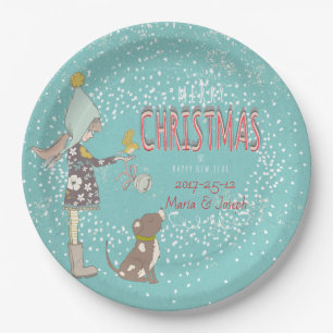 Merry Christmas- X-mas Girl Dog editable Text on Paper Plate
