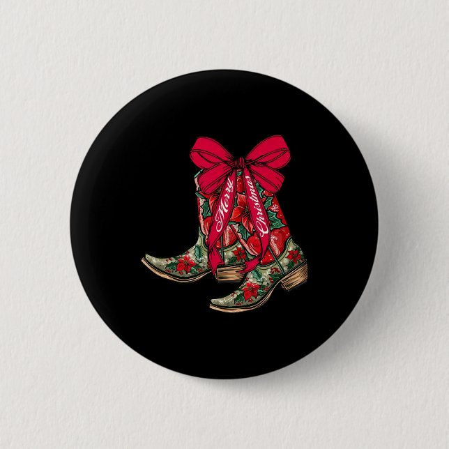 Merry Christmas Xmas Cowboy Boots Coquette Bow Paj 2 Inch Round Button (Front)