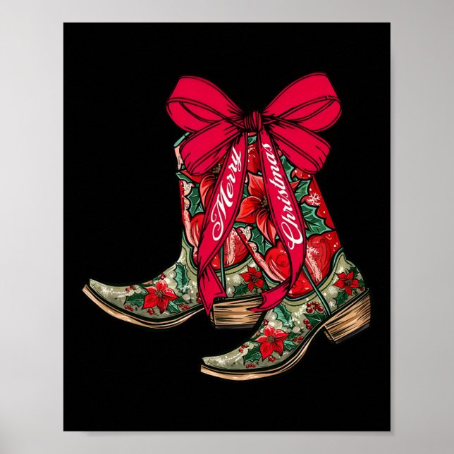 Merry Christmas Xmas Cowboy Boots Coquette Bow Paj Poster (Front)