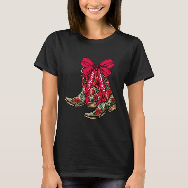 Merry Christmas Xmas Cowboy Boots Coquette Bow Paj T-Shirt (Front)
