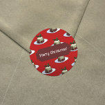 Merry Christmas! Xmas Pudding & Holly Pattern Classic Round Sticker<br><div class="desc">Give your Christmas gift wrapping a finishing touch with these fun Christmas pudding themed stickers. Use "Personalize this template" to change the "Merry Christmas!" text if desired. An original drawing in a retro, pixel art style, of a pudding, drizzled in brandy sauce and decorated with holly and berries, sitting on...</div>