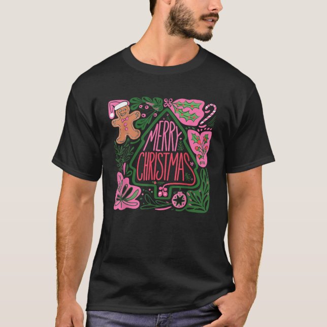 Merry Christmas Xmas Tree Gingerbread Family Pajam T-Shirt (Front)