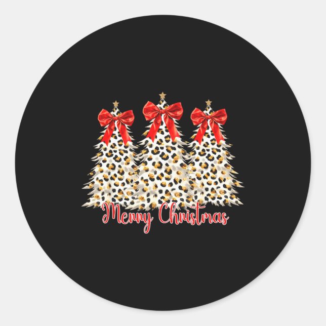 Merry Christmas Xmas Trees Leopard Coquette Bow Ho Classic Round Sticker (Front)