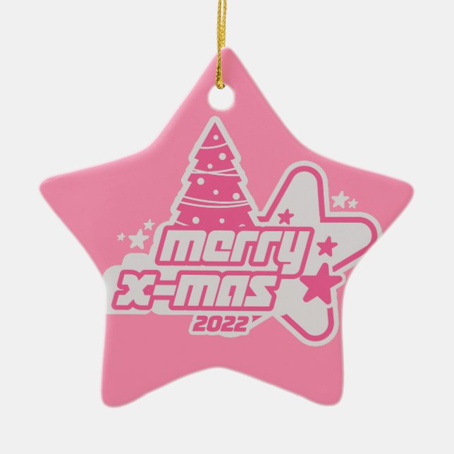 Merry Christmas Y2K 2022 Pink Ceramic Ornament (Front)