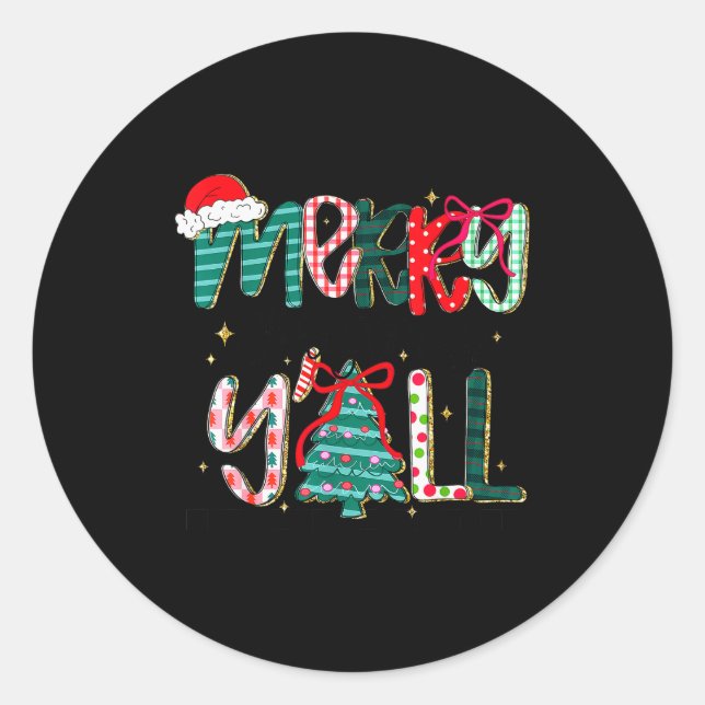 Merry Christmas Y’all Southern Christmas Tree Girl Classic Round Sticker (Front)