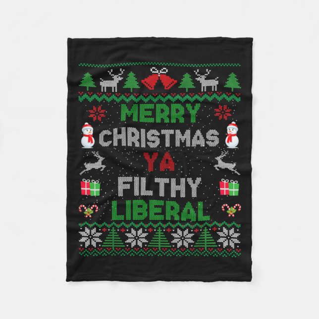 Merry Christmas Ya Filthy Liberal Ugly Knit Long S Fleece Blanket (Front)