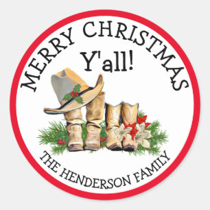Merry Christmas Y'all Country and Western Rustic Classic Round Sticker