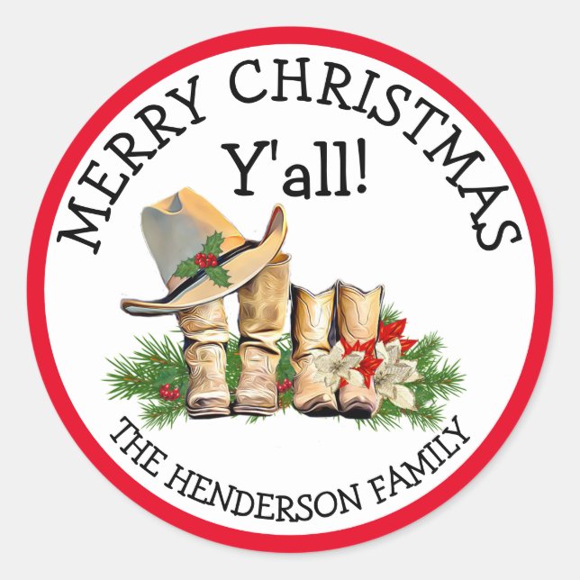 Merry Christmas Y'all Country and Western Rustic Classic Round Sticker (Front)
