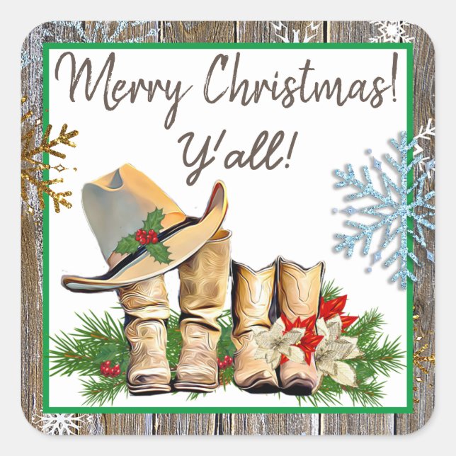 Merry Christmas Y'all Country and Western Rustic Square Sticker (Front)