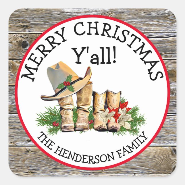 Merry Christmas Y'all Country and Western Rustic   Square Sticker (Front)