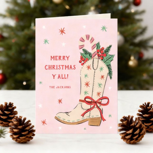 Merry Christmas Y'all Country Cowboy Boot  Holiday Card ("merry Christmas y'all" country-themed holiday card with hand-drawn cowboy boot)
