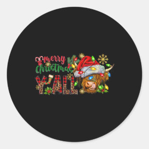 Merry Christmas Y'all Cute Highland Cow Christmas  Classic Round Sticker