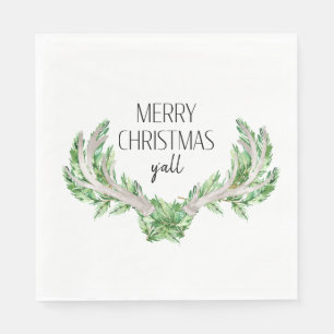 Merry Christmas Y'all Foliage on Antlers Napkin