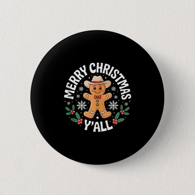 Merry Christmas Yall Gingerbread Cowboy Howdy West 2 Inch Round Button (Front)