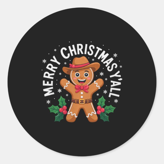 Merry Christmas Yall Gingerbread Cowboy Howdy West Classic Round Sticker (Front)