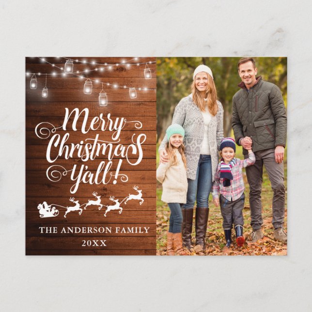 Merry Christmas Y'all Lights Wood Family Photo Postcard (Front)