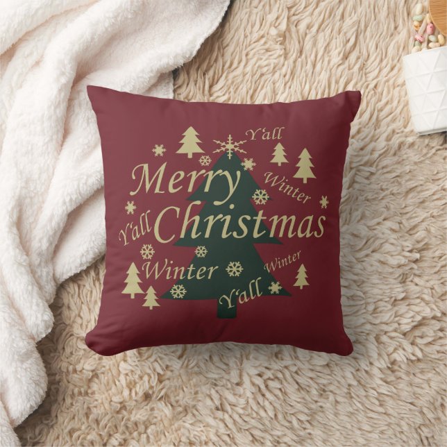 Merry Christmas yall pine tree decorated Throw Pillow (Blanket)