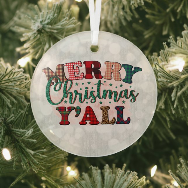Merry Christmas Y'All Plaid Text Glass Ornament (Insitu)