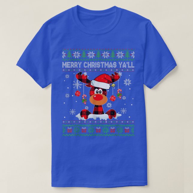 Merry Christmas Yall Reindeer Santa Ugly Christmas T-Shirt (Design Front)