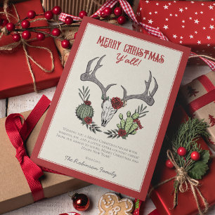 Merry Christmas Y'All Reindeer Skull and Cactus Holiday Card