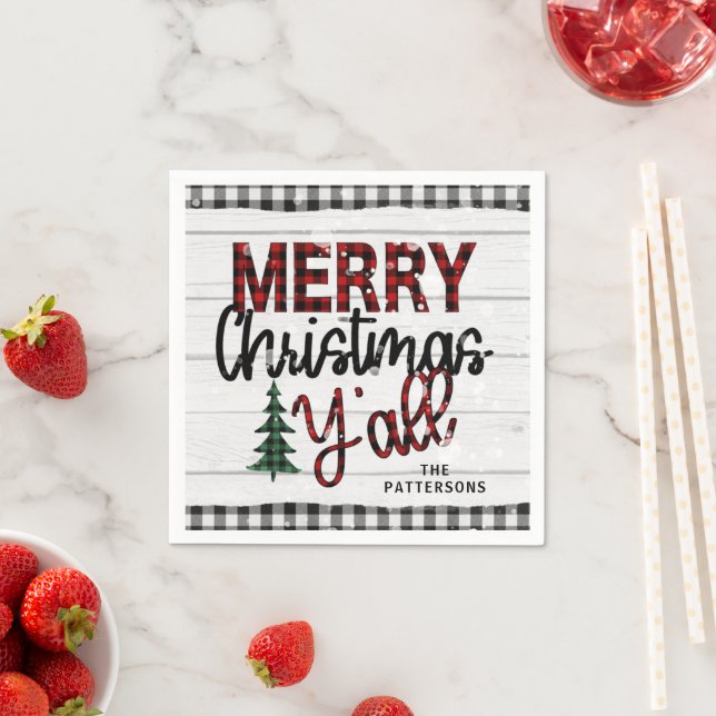 Merry Christmas Y'all Rustic Plaid Trees Name Napkin (Insitu)
