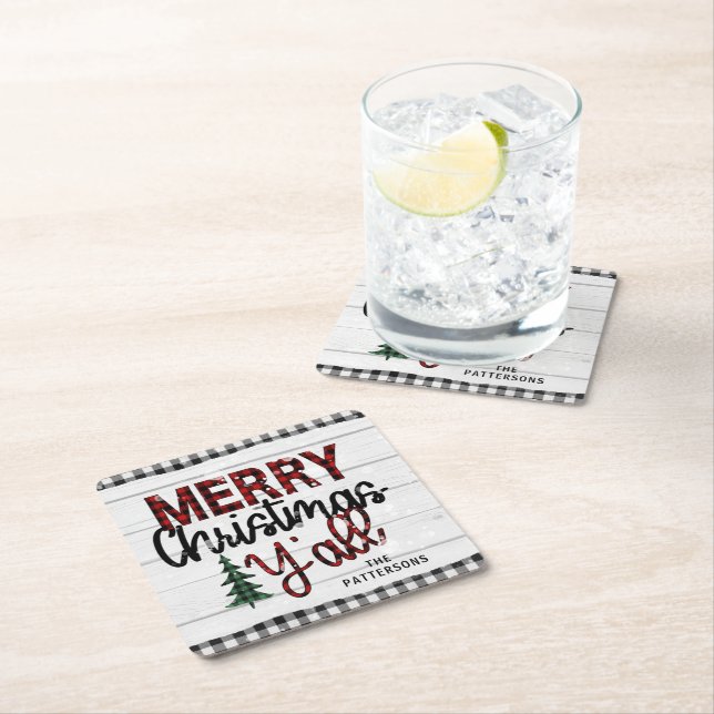 Merry Christmas Y'all Rustic Plaid Trees Name Square Paper Coaster (Insitu)