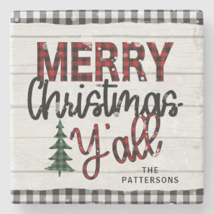Merry Christmas Y'all Rustic Plaid Trees Name Stone Coaster