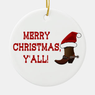 Merry Christmas Y'all - Santa Boot (White Back) Ceramic Ornament