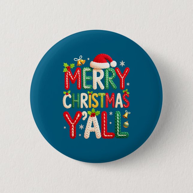 Merry Christmas Y'all Santa Crochet Knitting Quilt 2 Inch Round Button (Front)