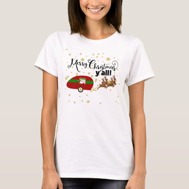 Merry Christmas y'all typography & Santa slate T-Shirt (Front)