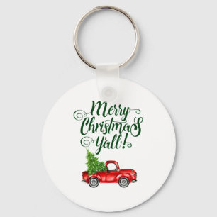 Merry Christmas Yall Vintage Truck White Green  Keychain